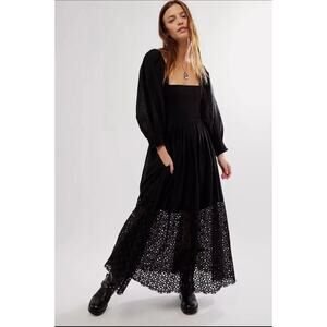 New Free People Perfect Storm Black Eyelet Cut Smocked Midi Dress Size Small S
